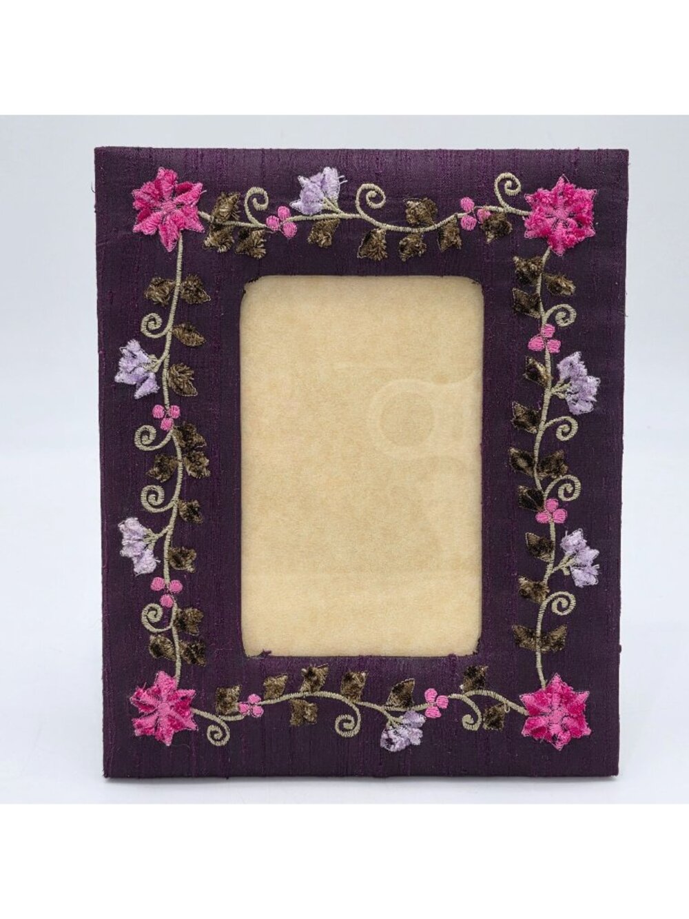 Purple Embroidered Fabric Photo Frame Floral Design & Easel Back 3x5